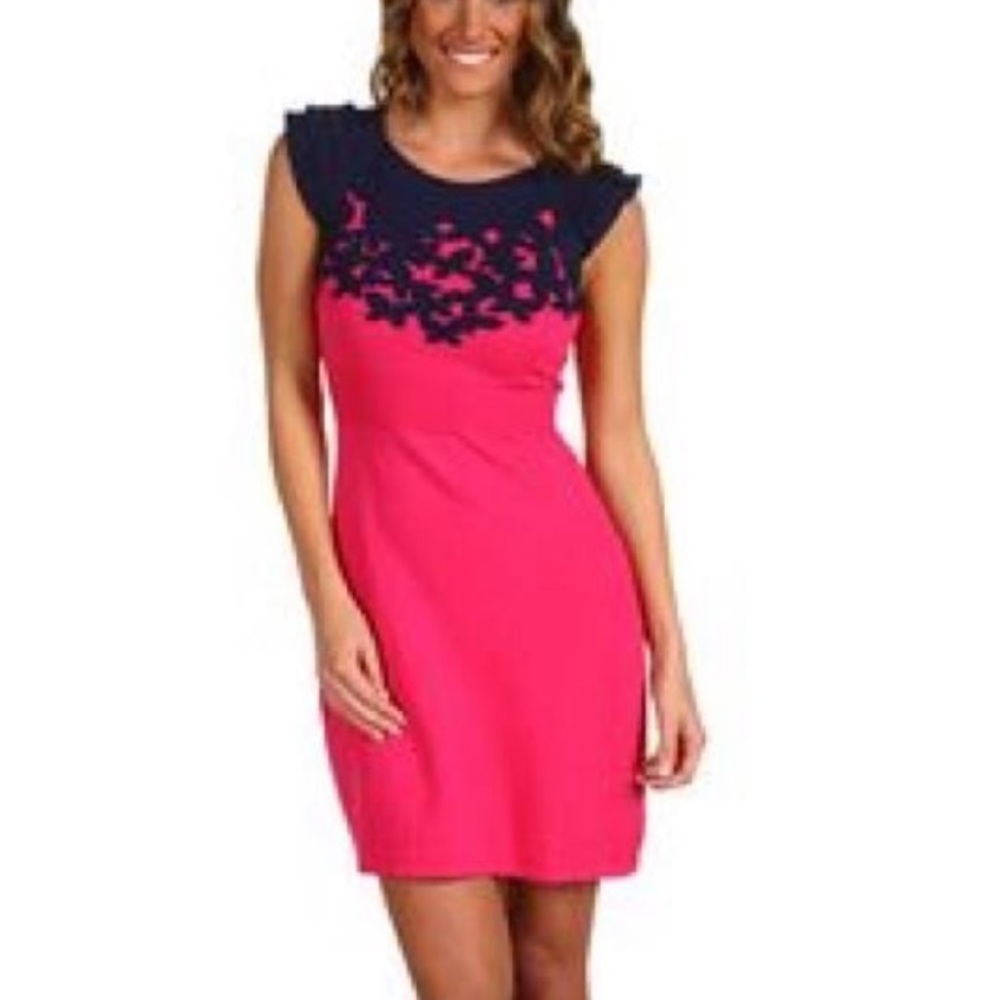 Lilly Pulitzer Kariana Knit Butterfly Hot Pink Cotton Dress Ruffle Sleeve